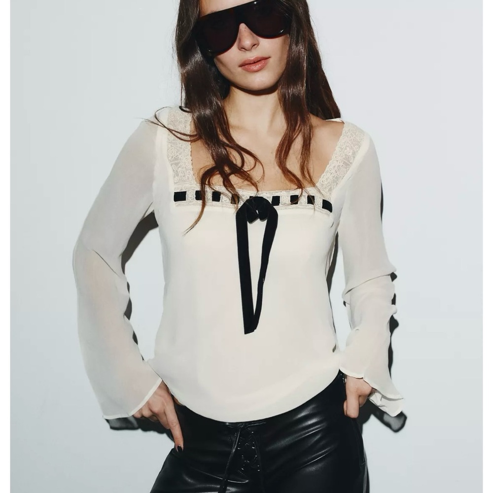 NWT ZARA GEORGETTE LACE BOW SHIRT
